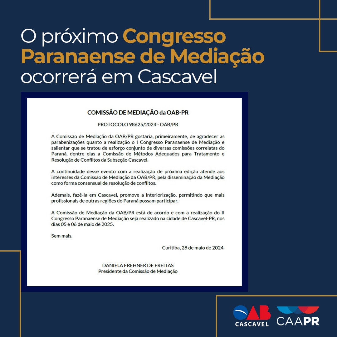 Cascavel será sede do II Congresso Paranaense de Mediação em 2025